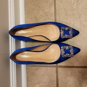 Blue Satin Jewel Buckle Pumps